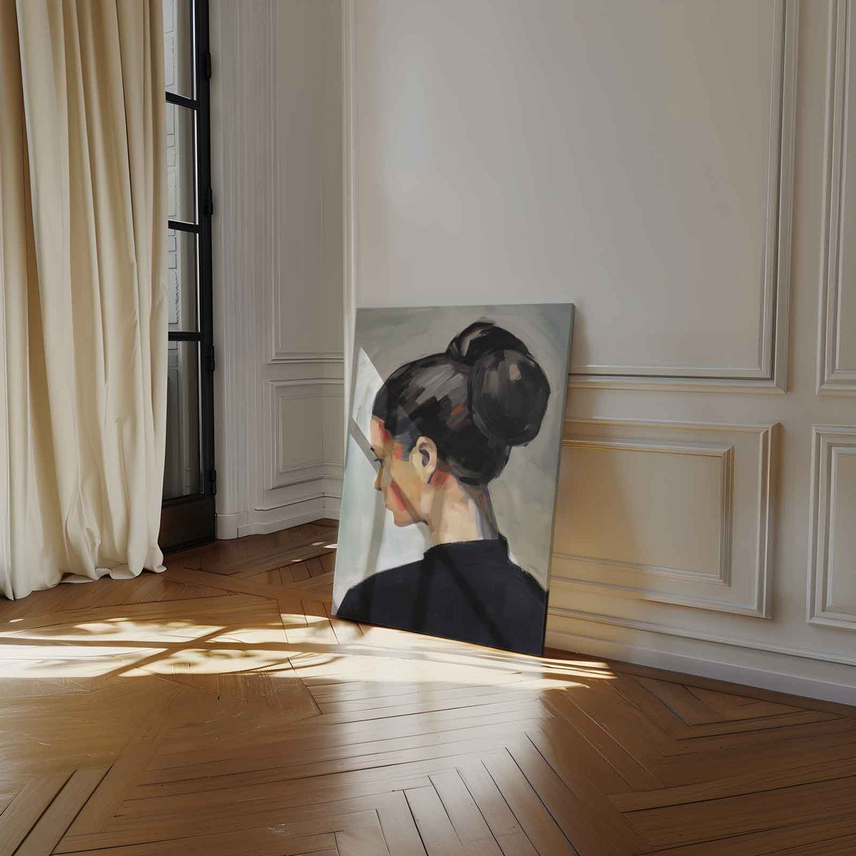 Vrouwelijke Elegantie in Stille Reflectie – dibond wanddecoratie in staand formaat