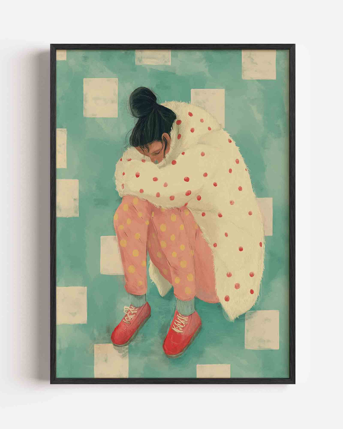 Vrouw in stippenjas – moderne portret poster als wanddecoratie