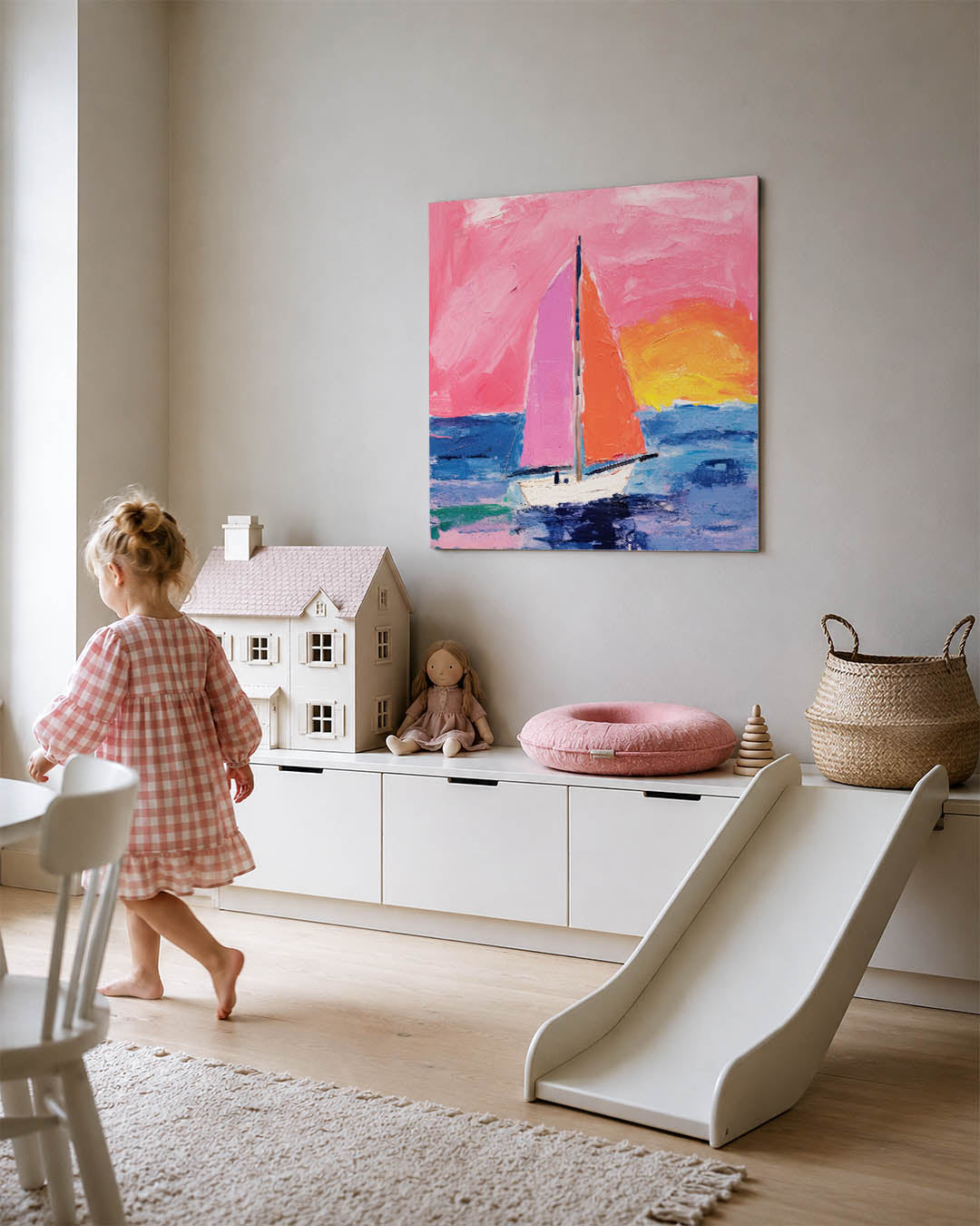 Vrolijk zeilboottafereel kunstwerk – tweede productweergave – dit kunstwerk toont een zeilboot op een kleurrijke zee met een