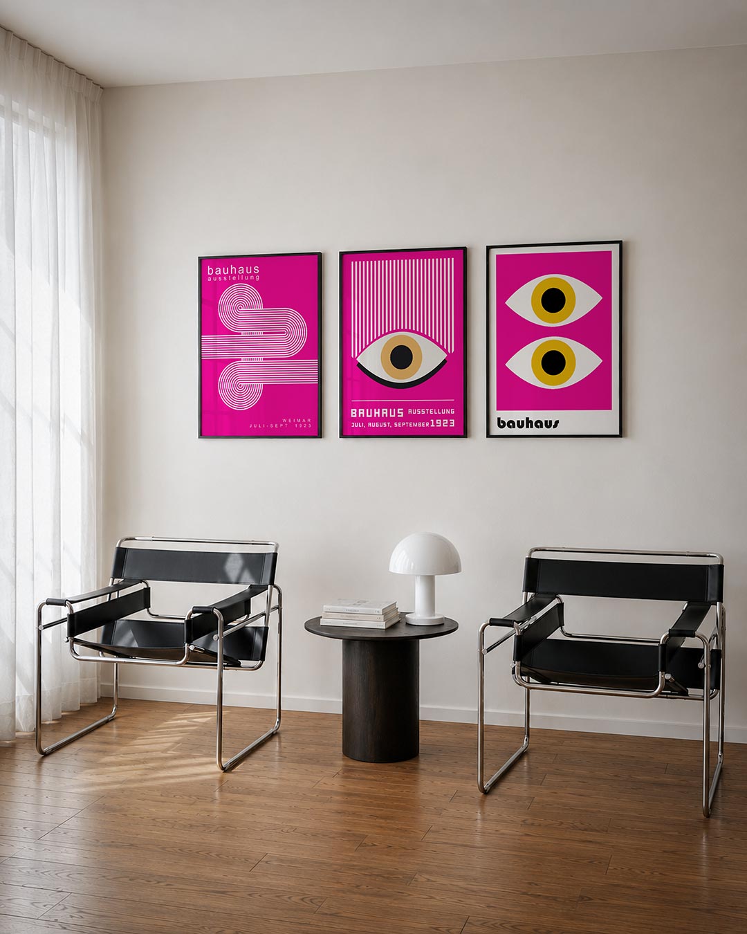 Lijnen en cirkelpatronen posterset – tweede productweergave – deze poster toont een levendige roze achtergrond met witte