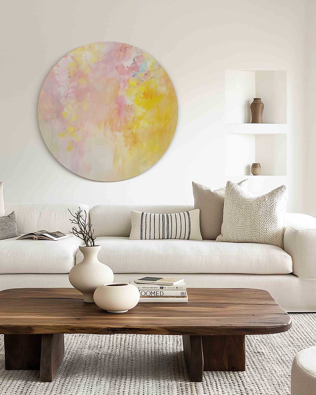 Pastel bloemen – muurcirkel met kleur en vormen voor aan de muur