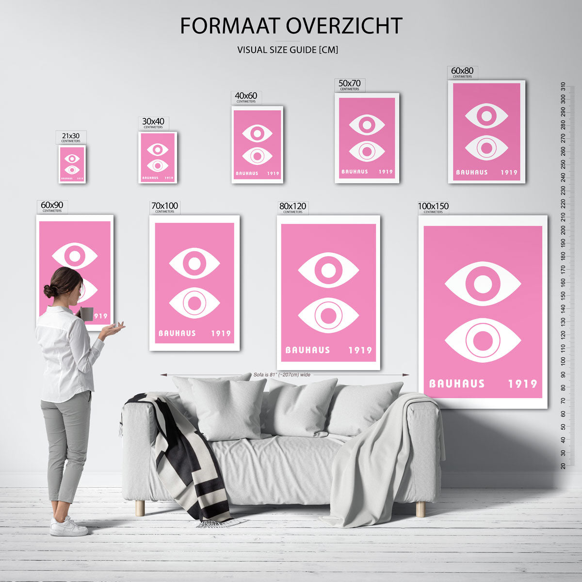 Oogvormen en roze – geometrische poster in Bauhaus-stijl van WallArtistic