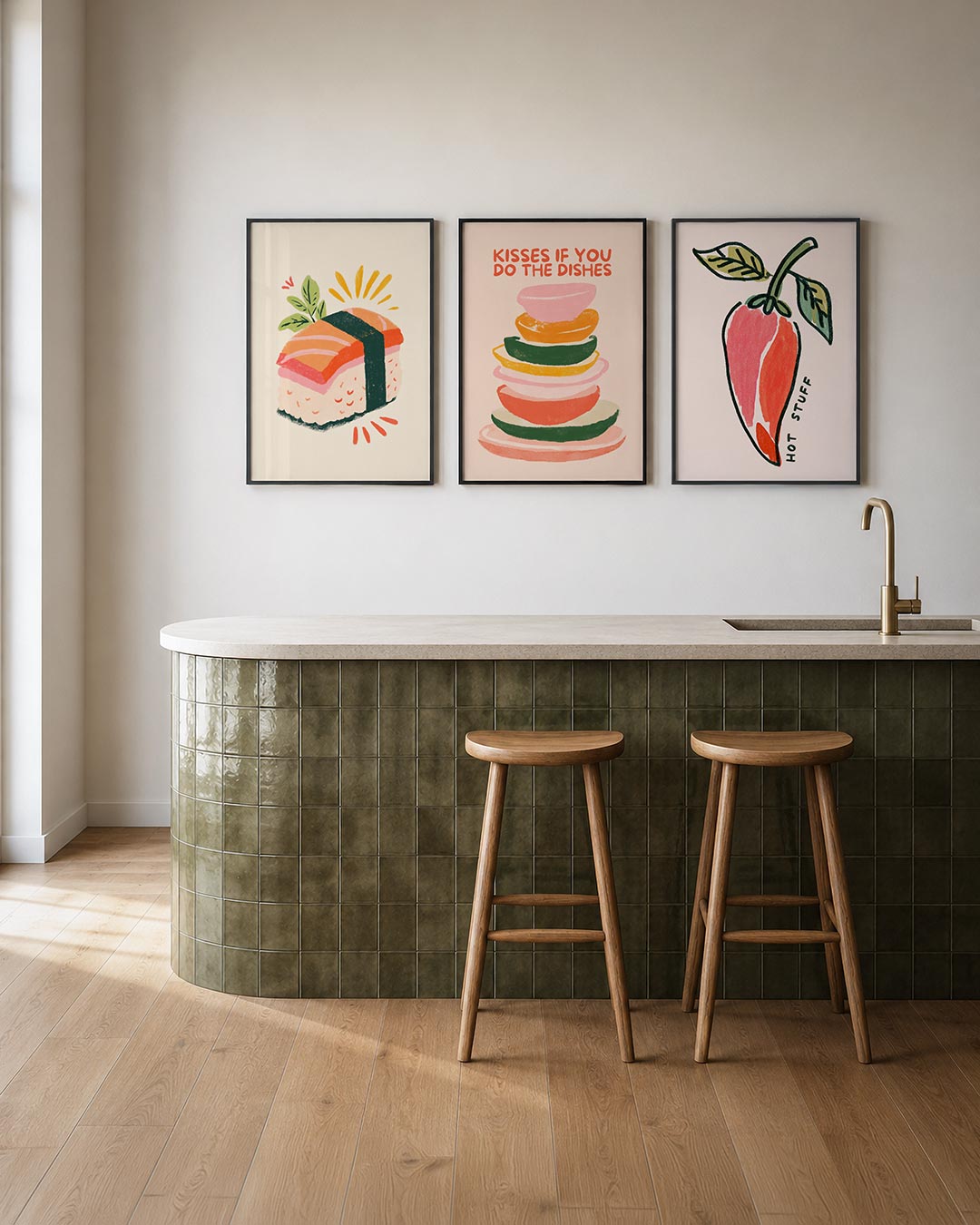 Sushi illustratie posterset – tweede productweergave – een speelse illustratie van sushi met levendige kleuren