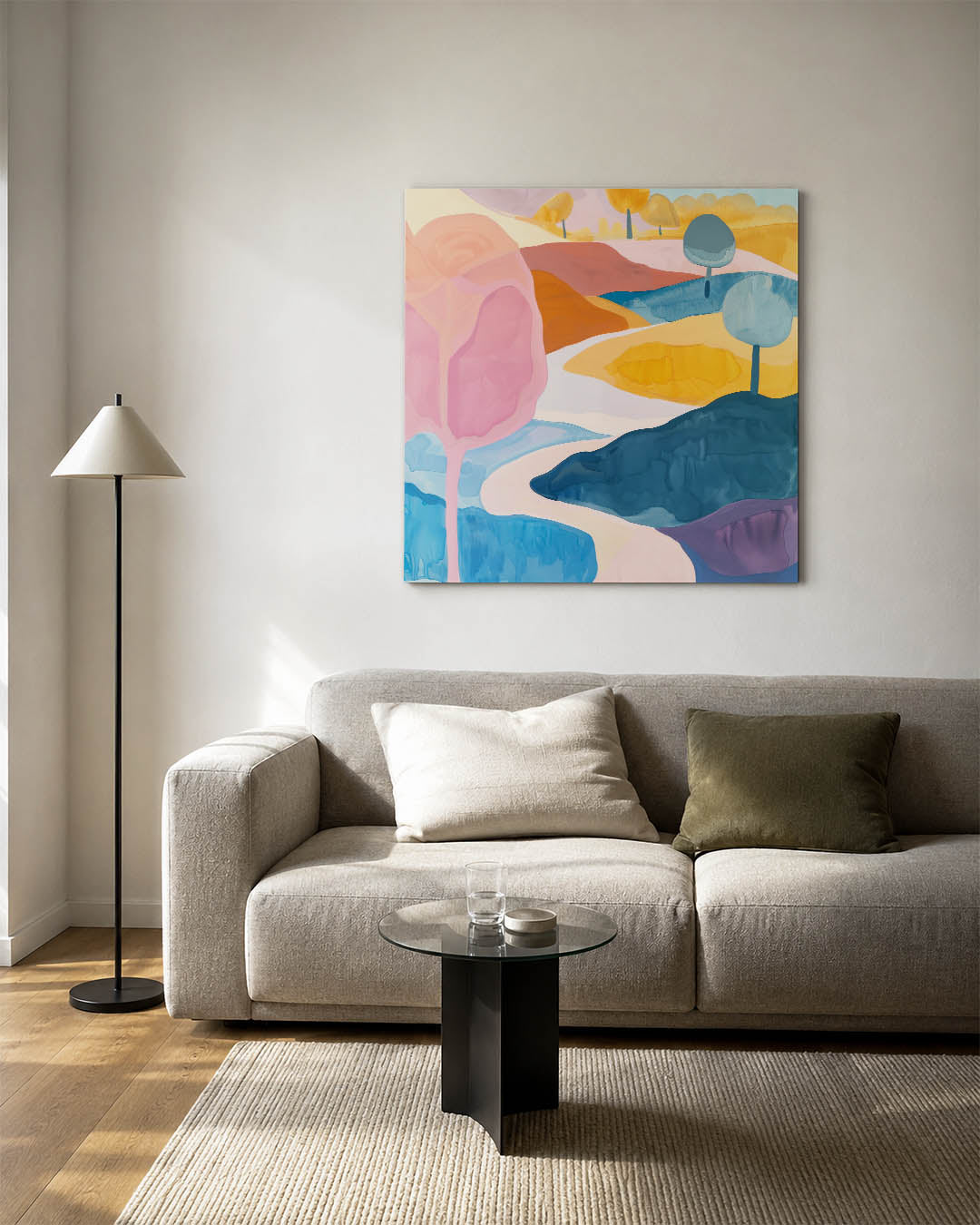 Vloeiende landschap vormen kunstwerk – vierkante wanddecoratie – dit werk toont een kleurrijk landschap met vloeiende lijnen