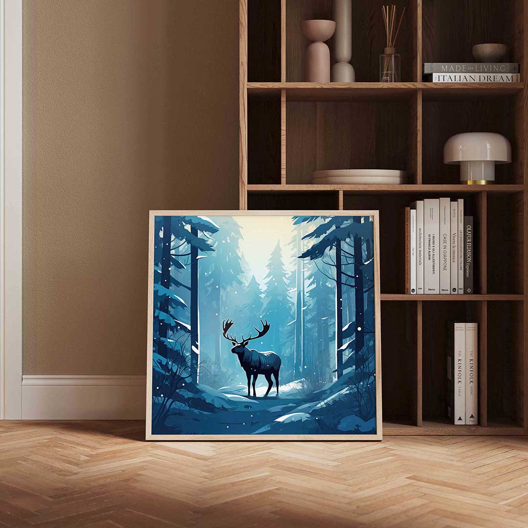 Hert in winterbos – kerstposter in vierkant formaat