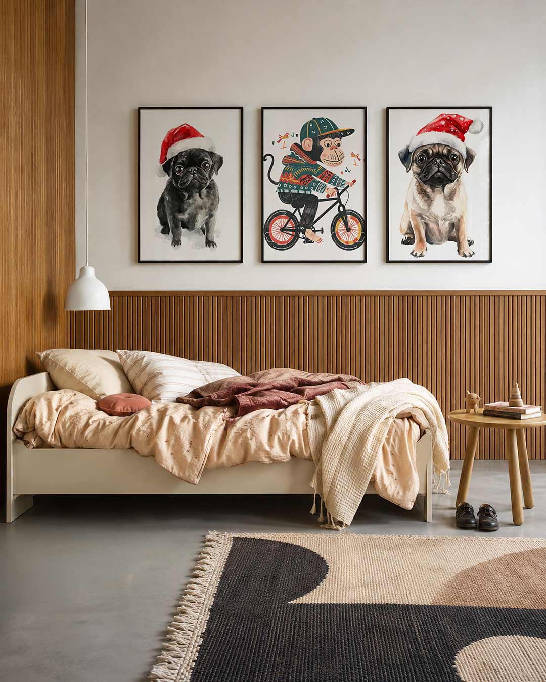 Kerstige vrolijkheid driedelige posterset – een schattige zwarte hond met een rode kerstmuts op een