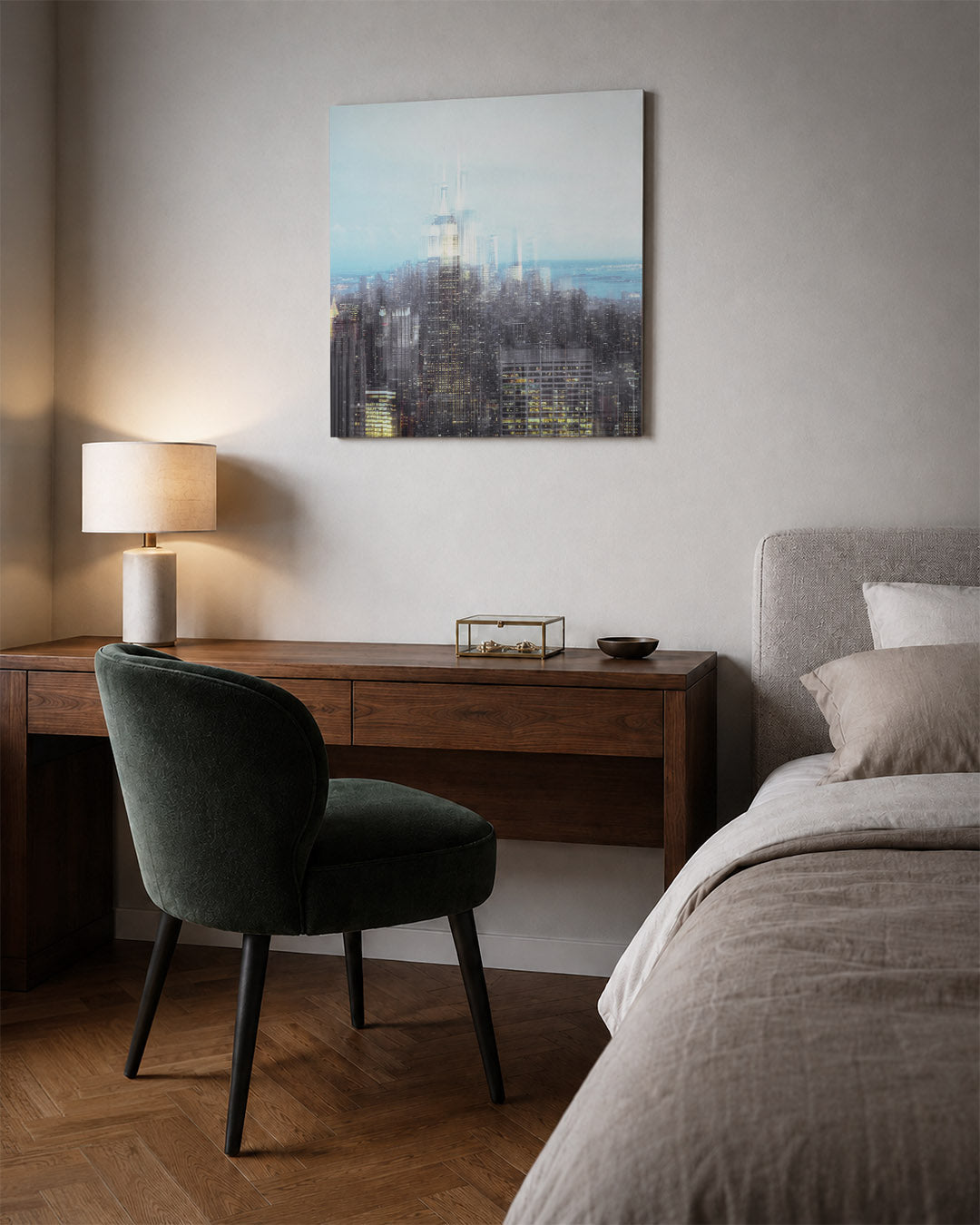 Stedelijke droom kunstwerk – sfeerbeeld – deze kunstwerk toont een vervaagde skyline met hoge gebouwen die in elkaar