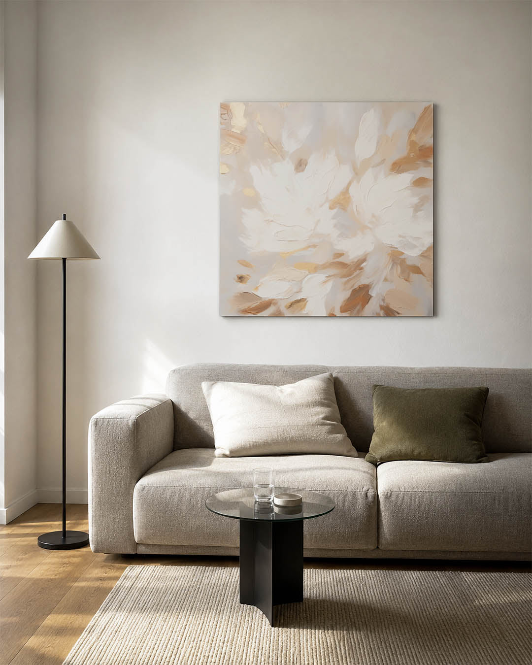 Vloeiende bewegingen kunstwerk – detailweergave – dit kunstwerk toont zachte, vloeiende vormen in een harmonie van beige en