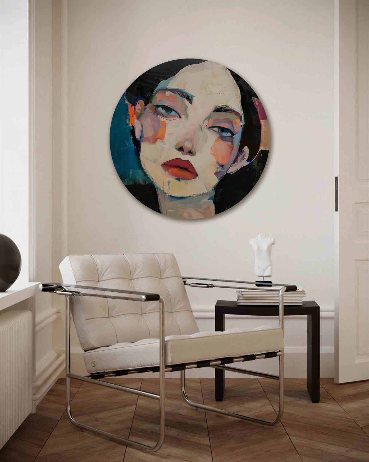 Portret met kleurrijke accenten – kleurrijke muurcirkel als ronde wanddecoratie