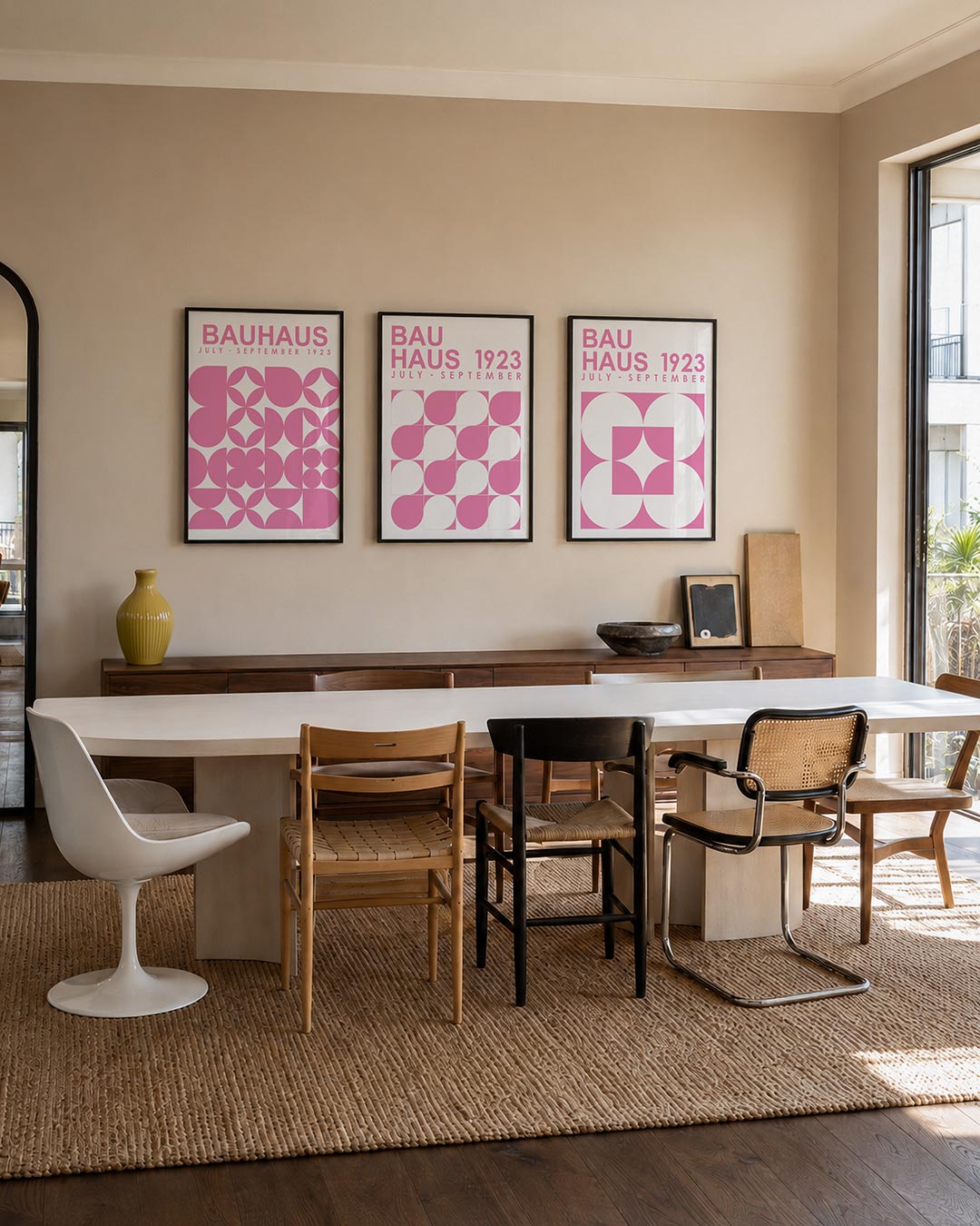 Vormen en vlakken driedelige posterset – deze posterset in drie delen toont een speelse ordening van roze geometrische vormen
