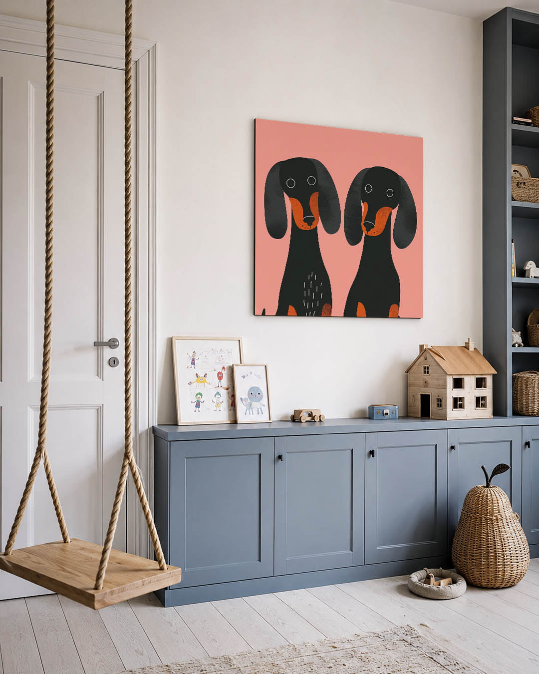 Honden illustratie kunstwerk – vierkante wanddecoratie – dit werk toont twee honden tegen een roze achtergrond. De eenvoudige