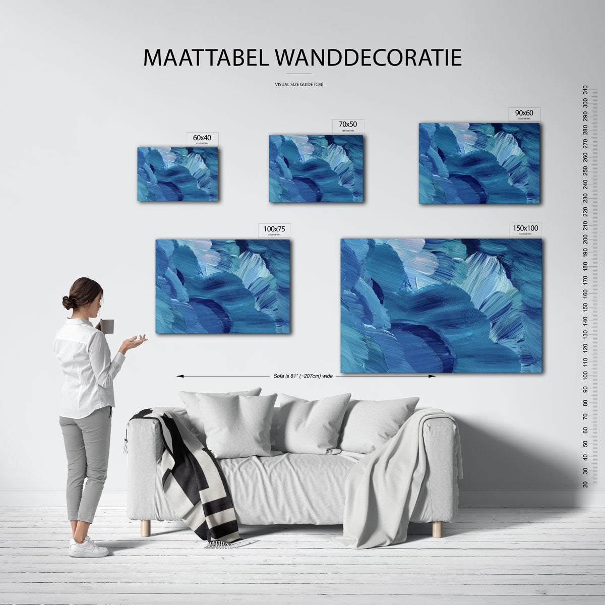 Dynamische blauwe beweging – Blauwtinten – moderne liggende wandkunst