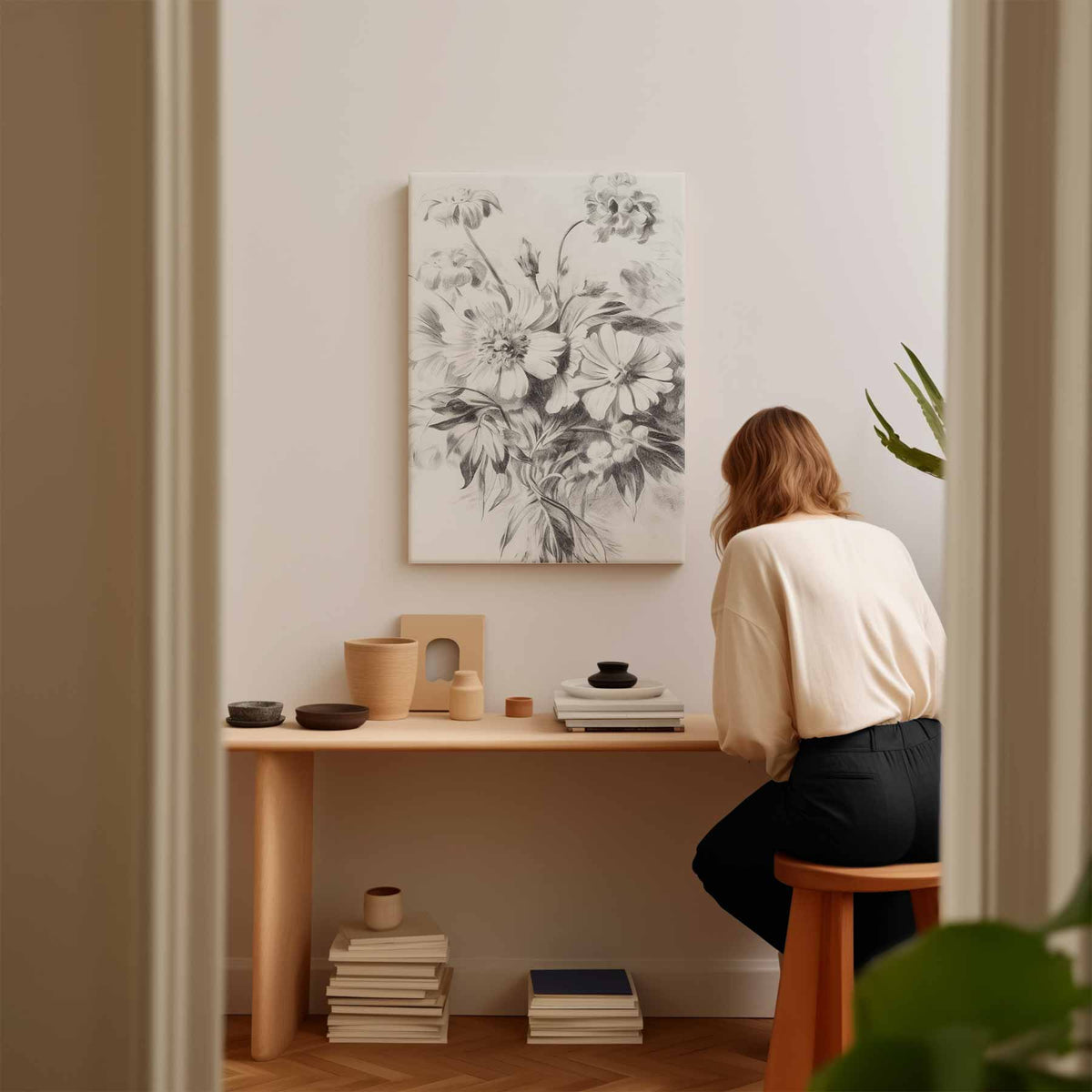 Bloemenpracht in Potlood – canvas kunstwerk als wanddecoratie