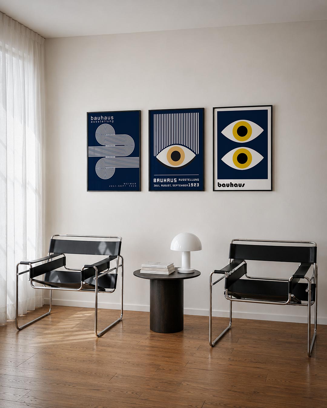 Lijnen en cirkelpatronen driedelige posterset – deze posterset in drie delen toont een spel van witte lijnen op een