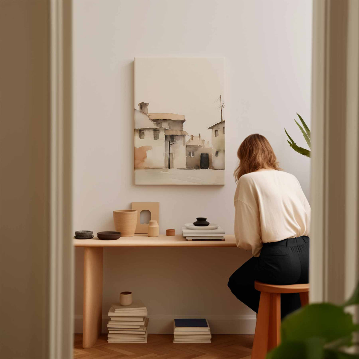 Droomachtige Dorpsgezichten – kunstwerk met zwarte baklijst