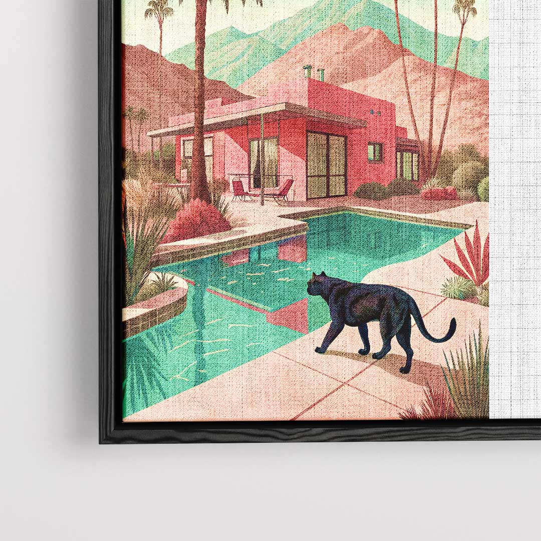 Casa da sogno moderna con opera d'arte di un gatto nero