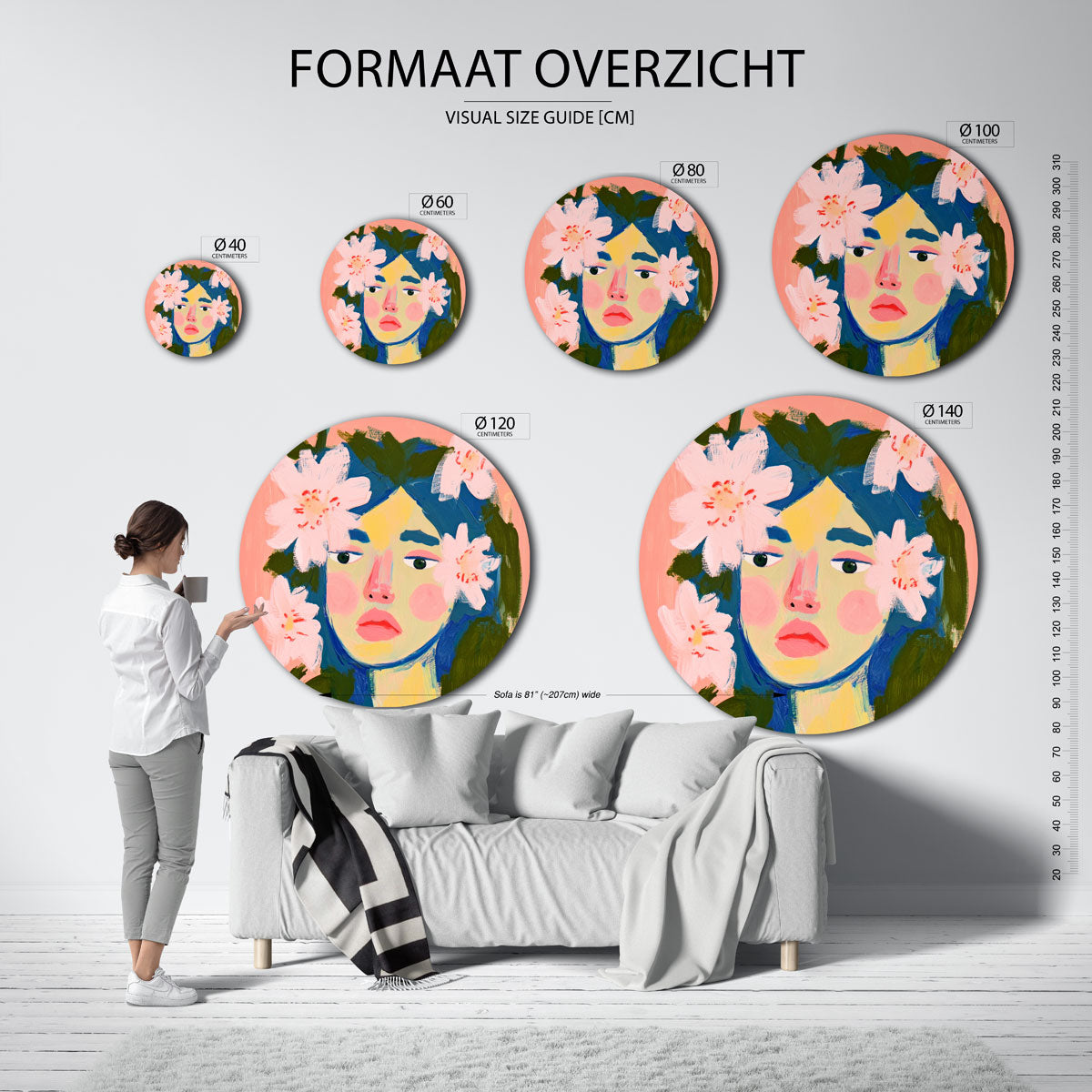 Portret met bloemen – abstracte wandkunst met textuur als muurcirkel