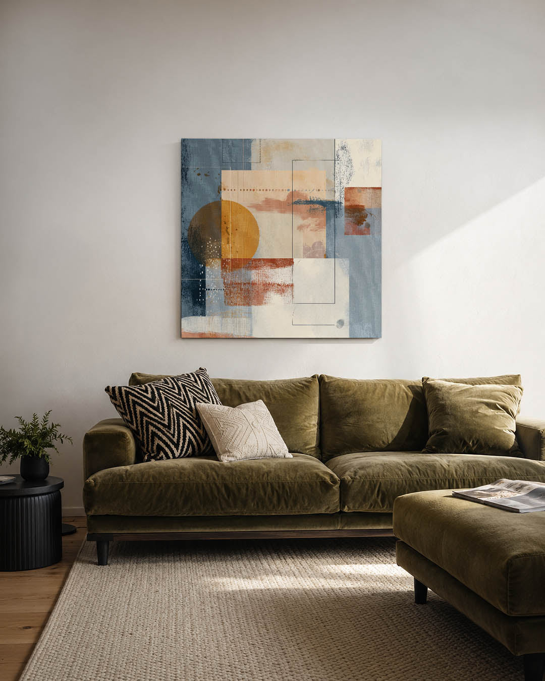Geometrische kleurencompositie kunstwerk – derde productweergave – dit werk toont een dynamische mix van rechthoeken, cirkels