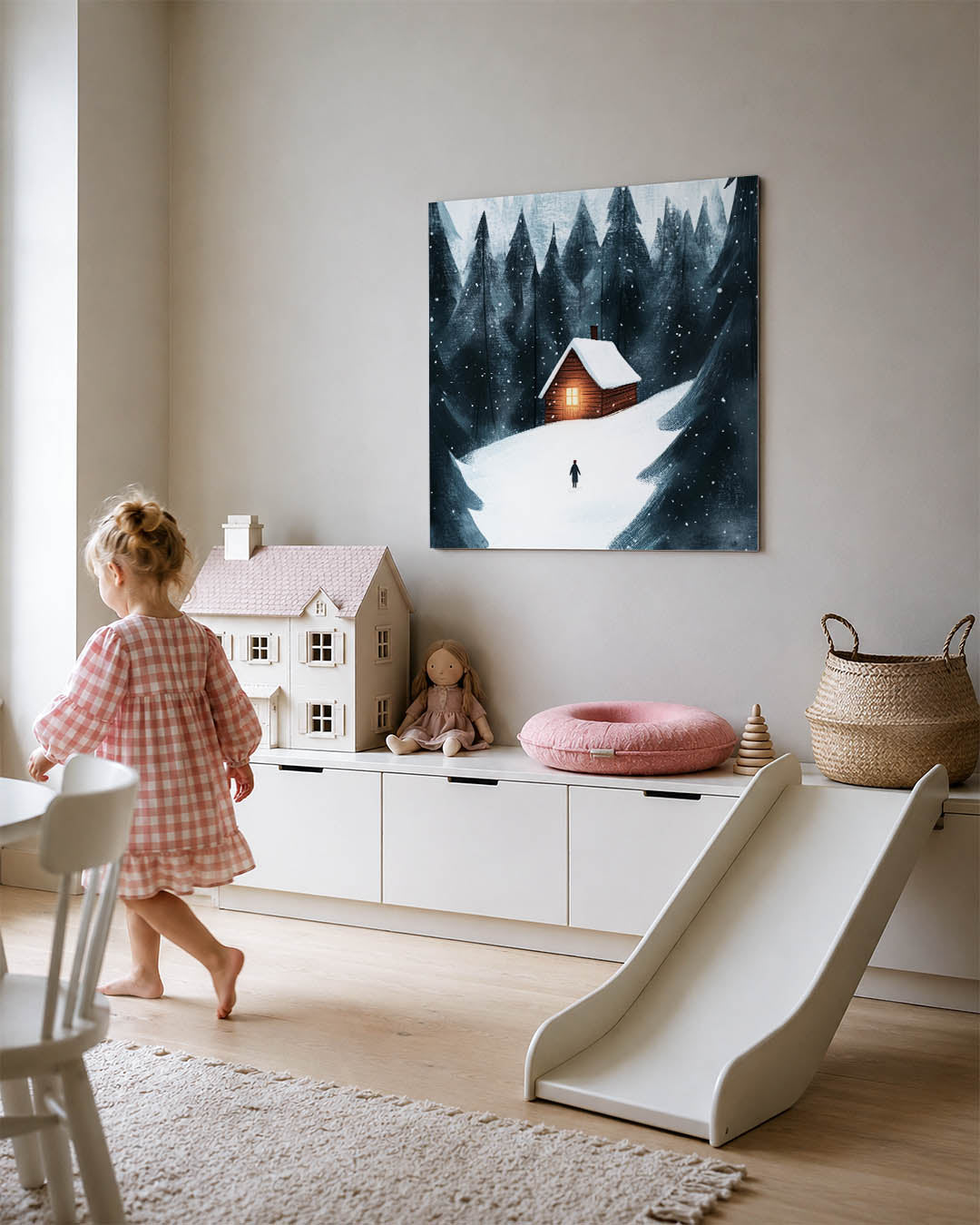 Winterse boslandschap kunstwerk – tweede productweergave – dit kunstwerk toont een besneeuwd landschap met een houten huisje
