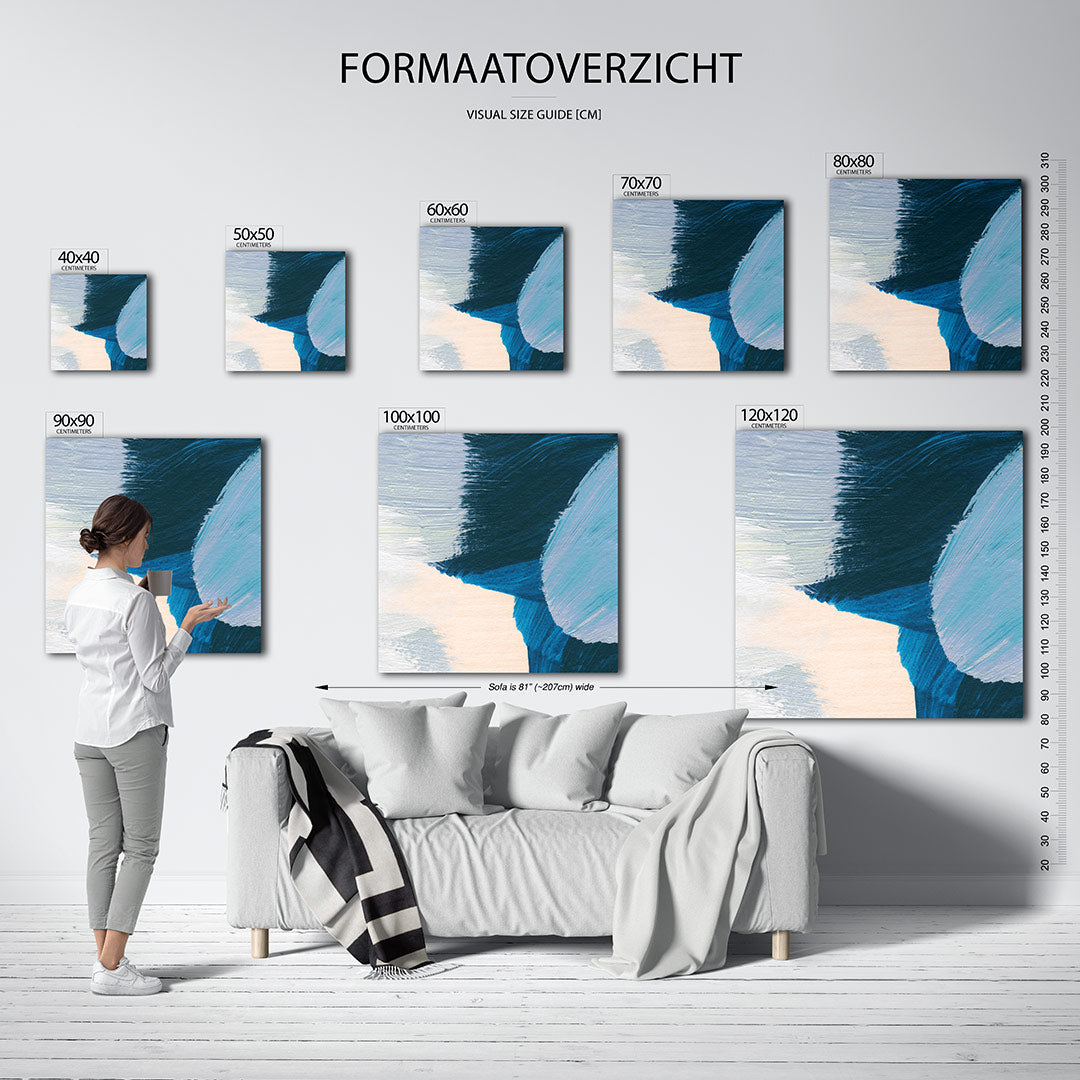 Dynamische kleurencompositie kunstwerk – dit kunstwerk toont een levendige mix van blauwe en oranje tinten, met vloeiende