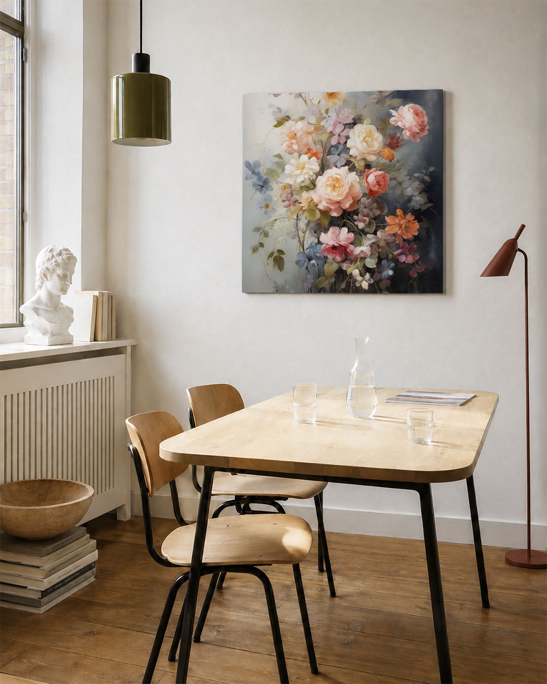 Bloemenpracht kunstwerk – vierkante wanddecoratie – dit kunstwerk toont een weelderige verzameling bloemen in zachte tinten