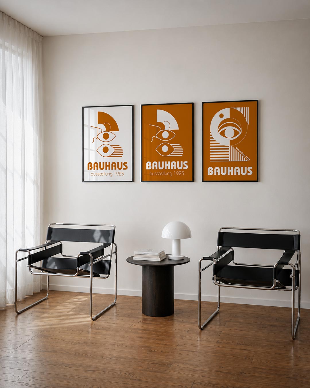 Oog en lijnen driedelige posterset – deze posterset in drie delen toont een speelse ordening van ogen en lijnen in warme