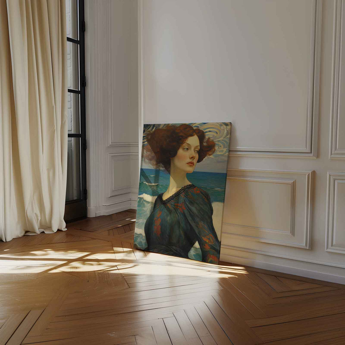Dromerige dame aan zee – dibond kunstwerk als wanddecoratie