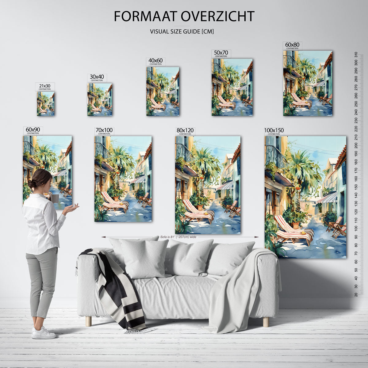 Zomerse straat met ligstoelen – staande muurposter met kleurrijke abstracte vormen