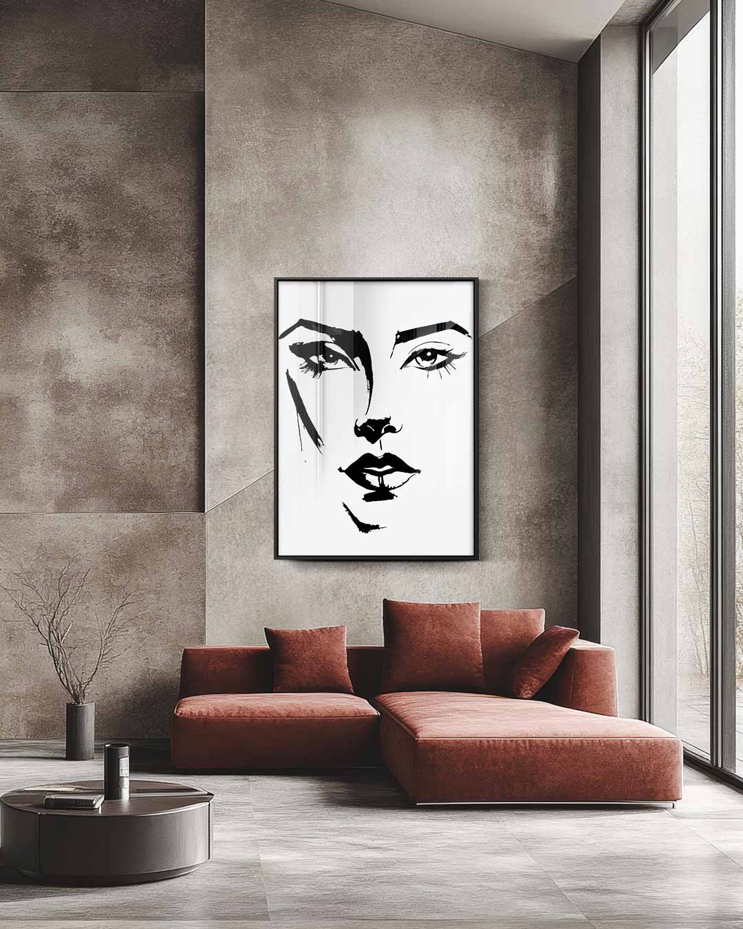 Expressieve Inktportret – staande wandkunst voor woonkamer of interieur