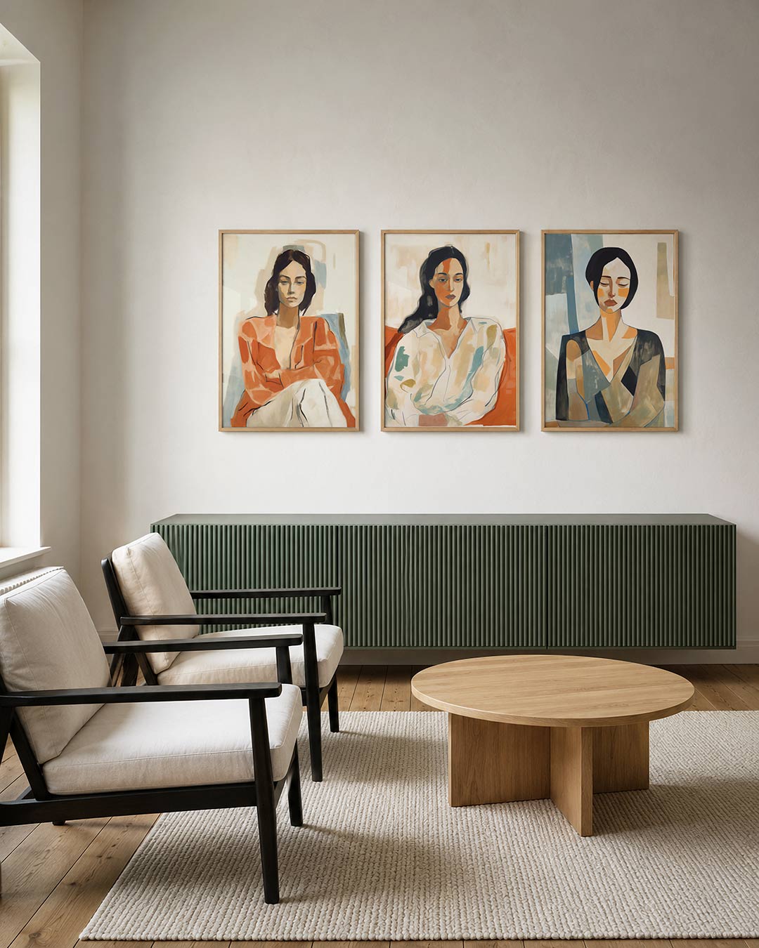 Vorm en kleur posterset – derde productweergave – deze posterset in drie delen toont een vrouw in warme tinten