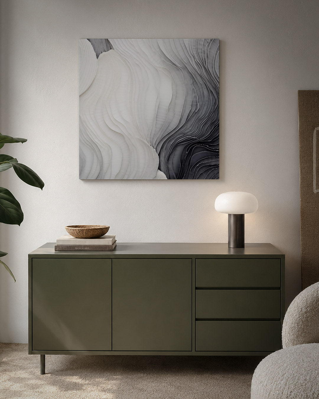 Golvende lijnen kunstwerk – detailweergave – dit kunstwerk toont vloeiende lijnen in zachte tinten. De gelaagde vormen