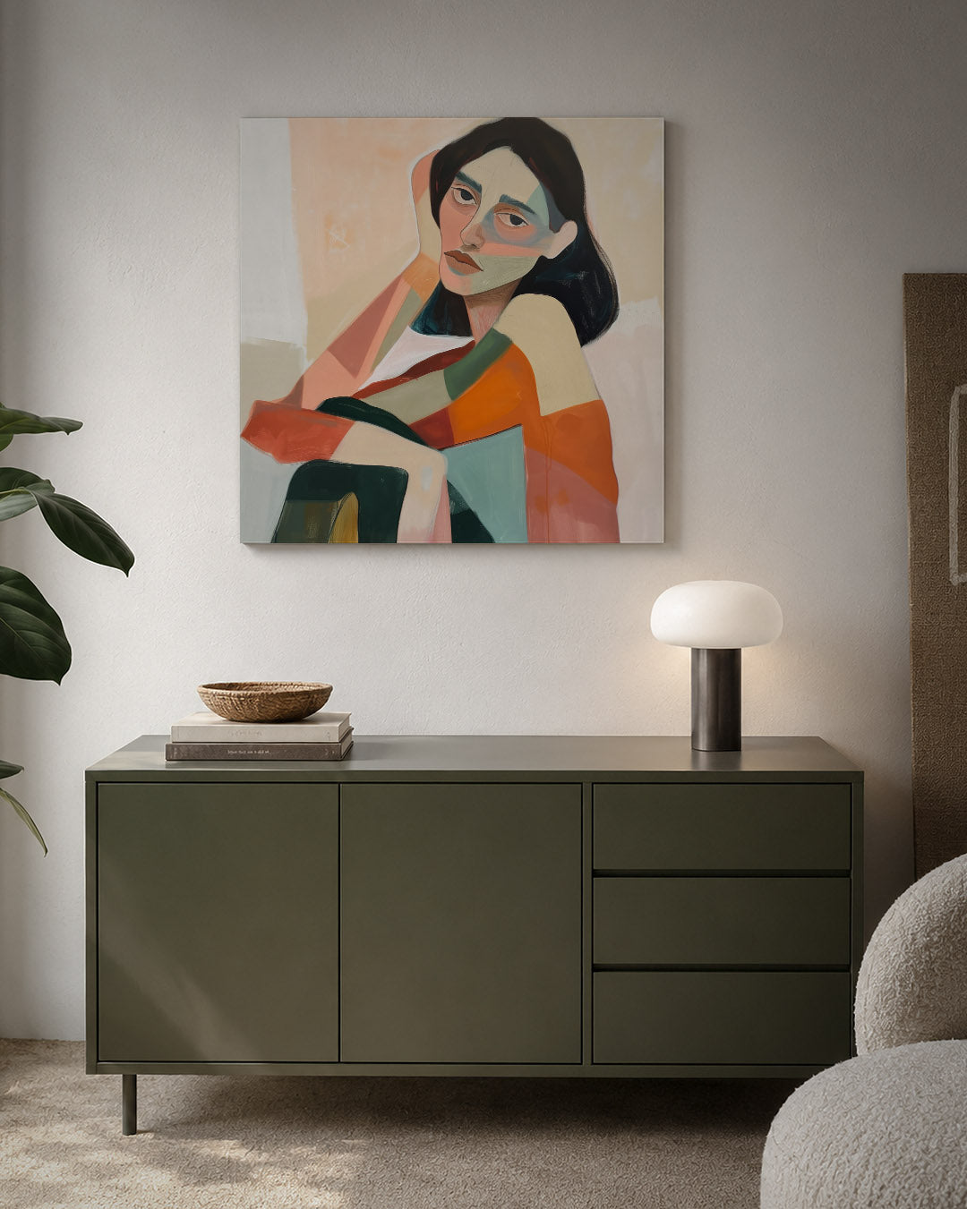 Vrouwelijk portret kleuren kunstwerk – detailweergave – dit kunstwerk toont een vrouwelijk portret met vloeiende lijnen en