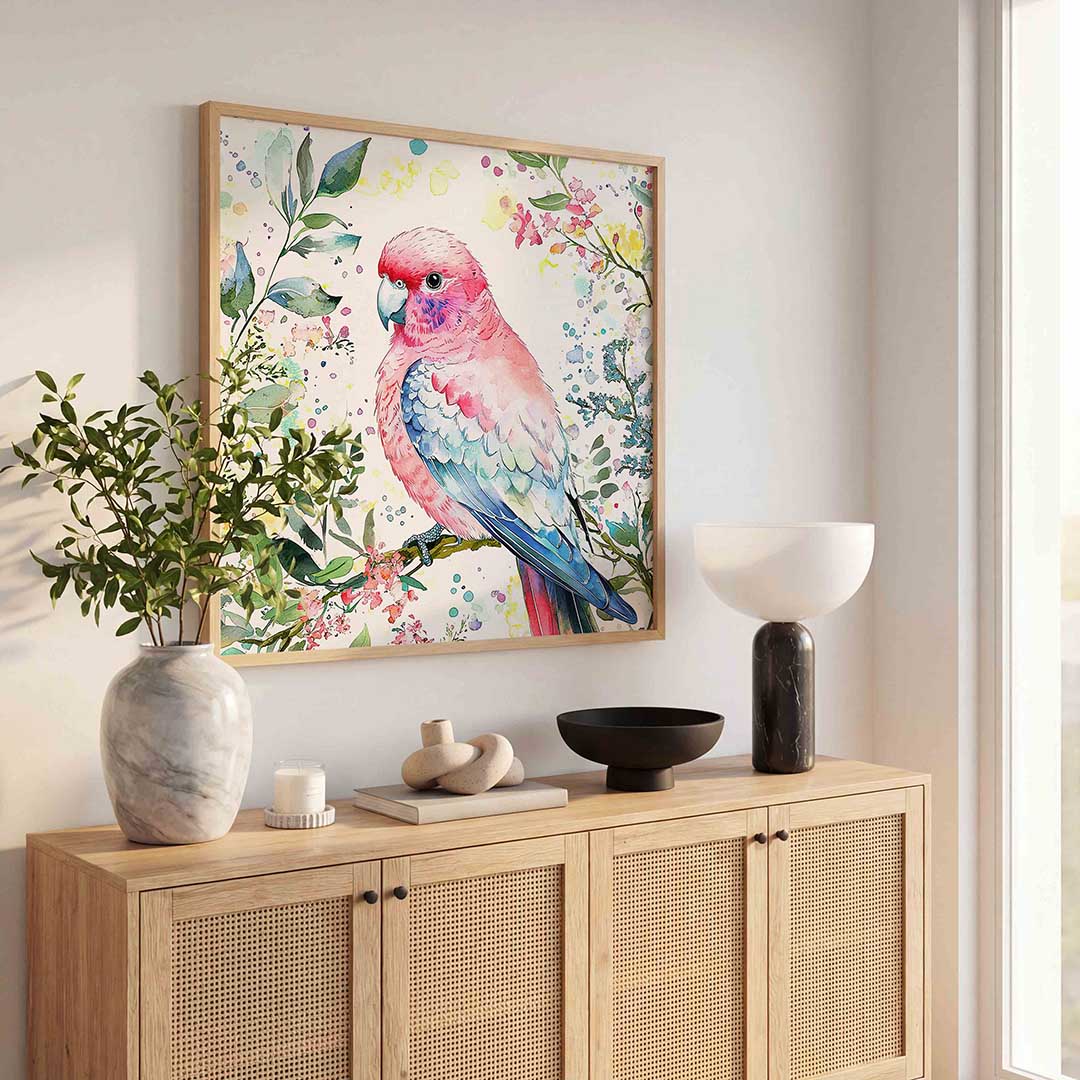 Papegaai en bloemen – dierenillustratie als vierkante poster