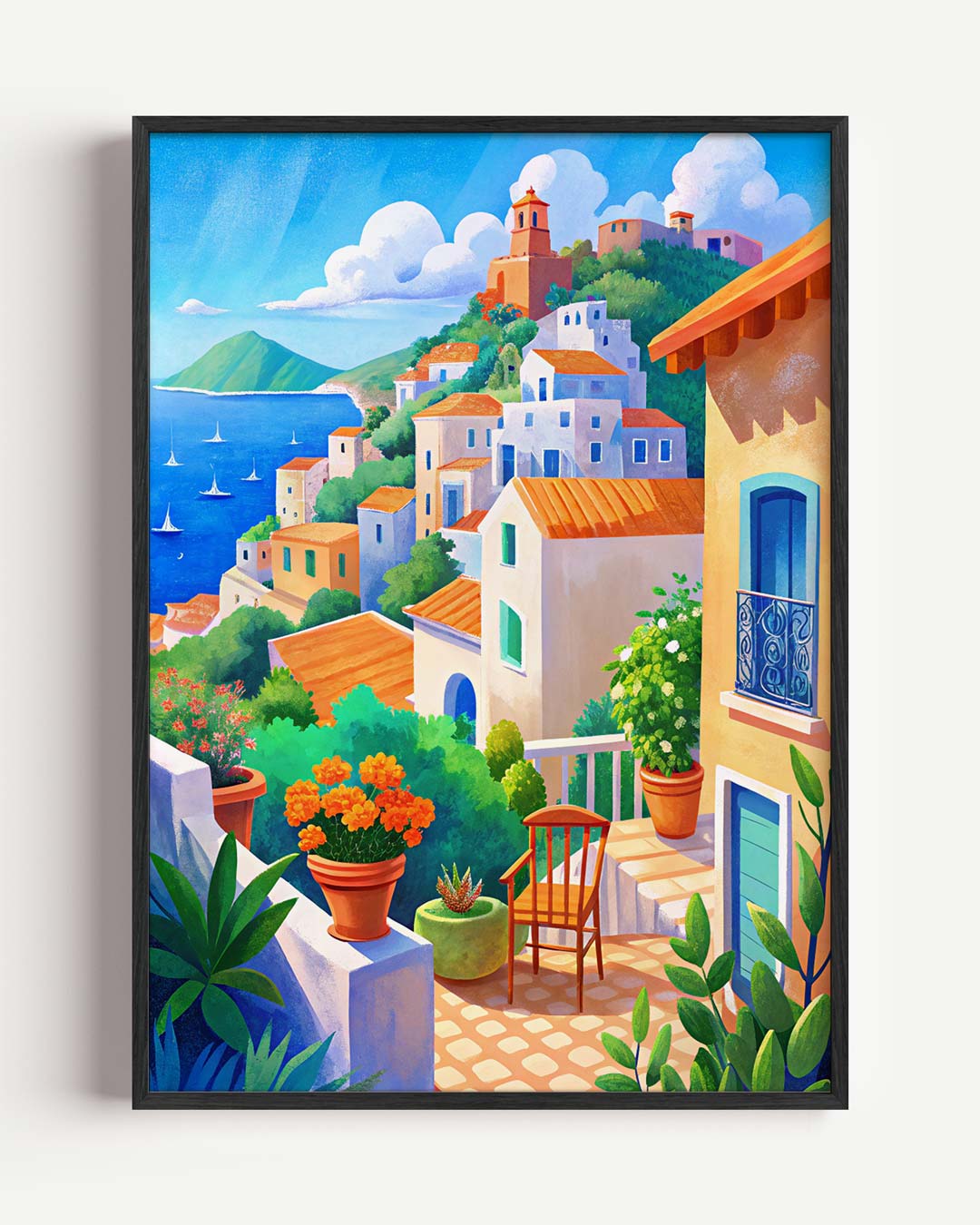 Mediterrane Dorp aan Zee – zomer portret poster als wanddecoratie