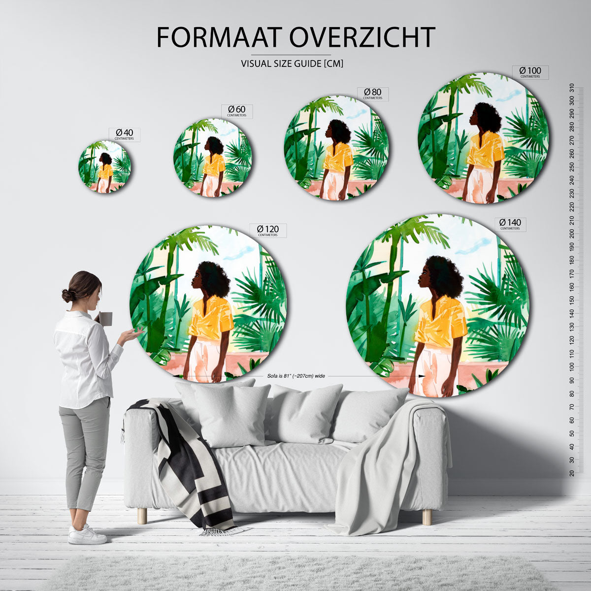 Vrouw in groene omgeving – abstracte wandkunst met textuur als muurcirkel