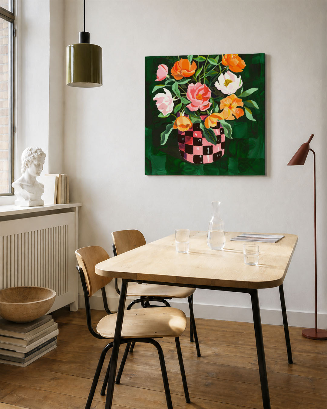 Bloemrijke compositie kunstwerk – vierkante wanddecoratie – dit kunstwerk toont een levendig boeket bloemen in een vaas met