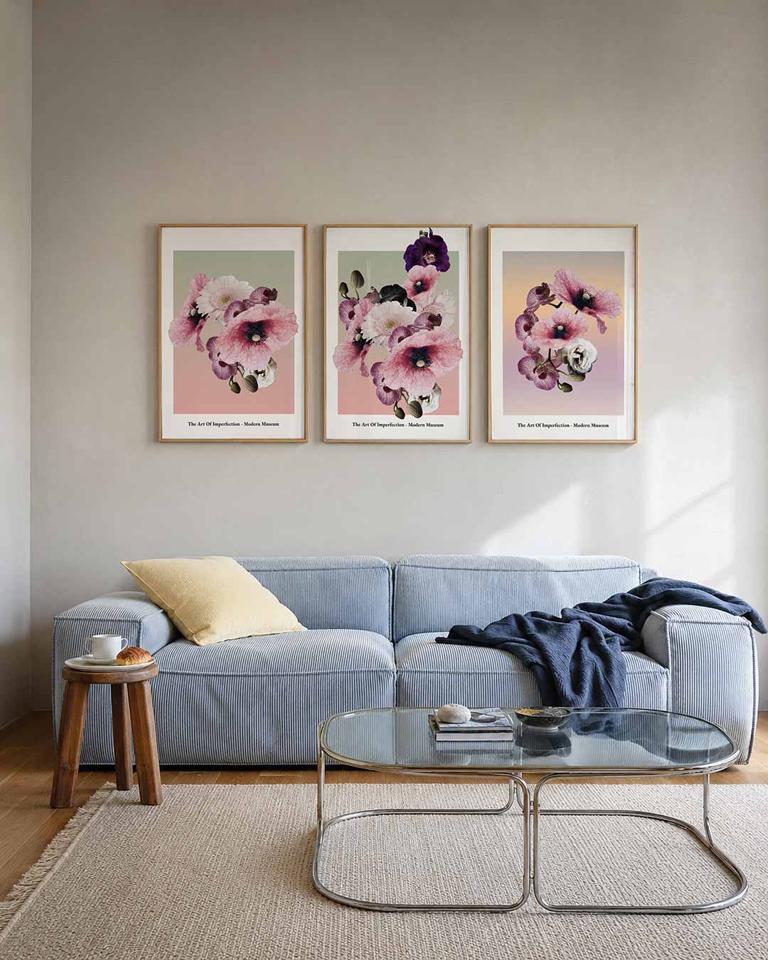 Bloemenharmonie posterset – tweede productweergave – een delicate compositie van roze en witte bloemen tegen een