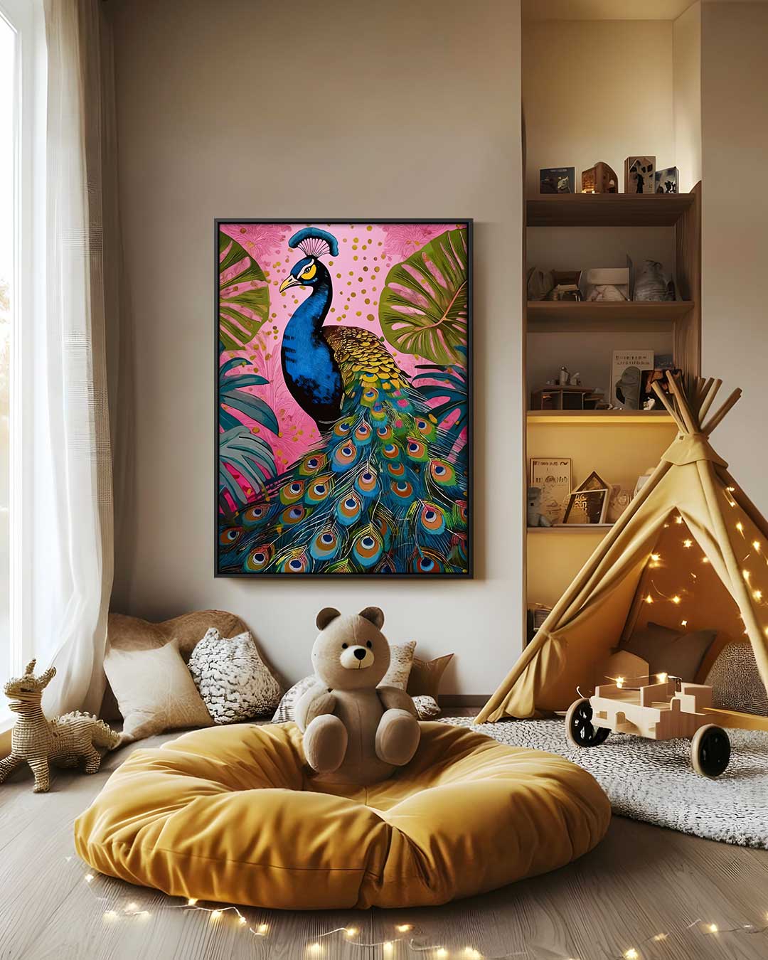 Prachtige Pauw in het Paradijs – canvas wanddecoratie in portret formaat