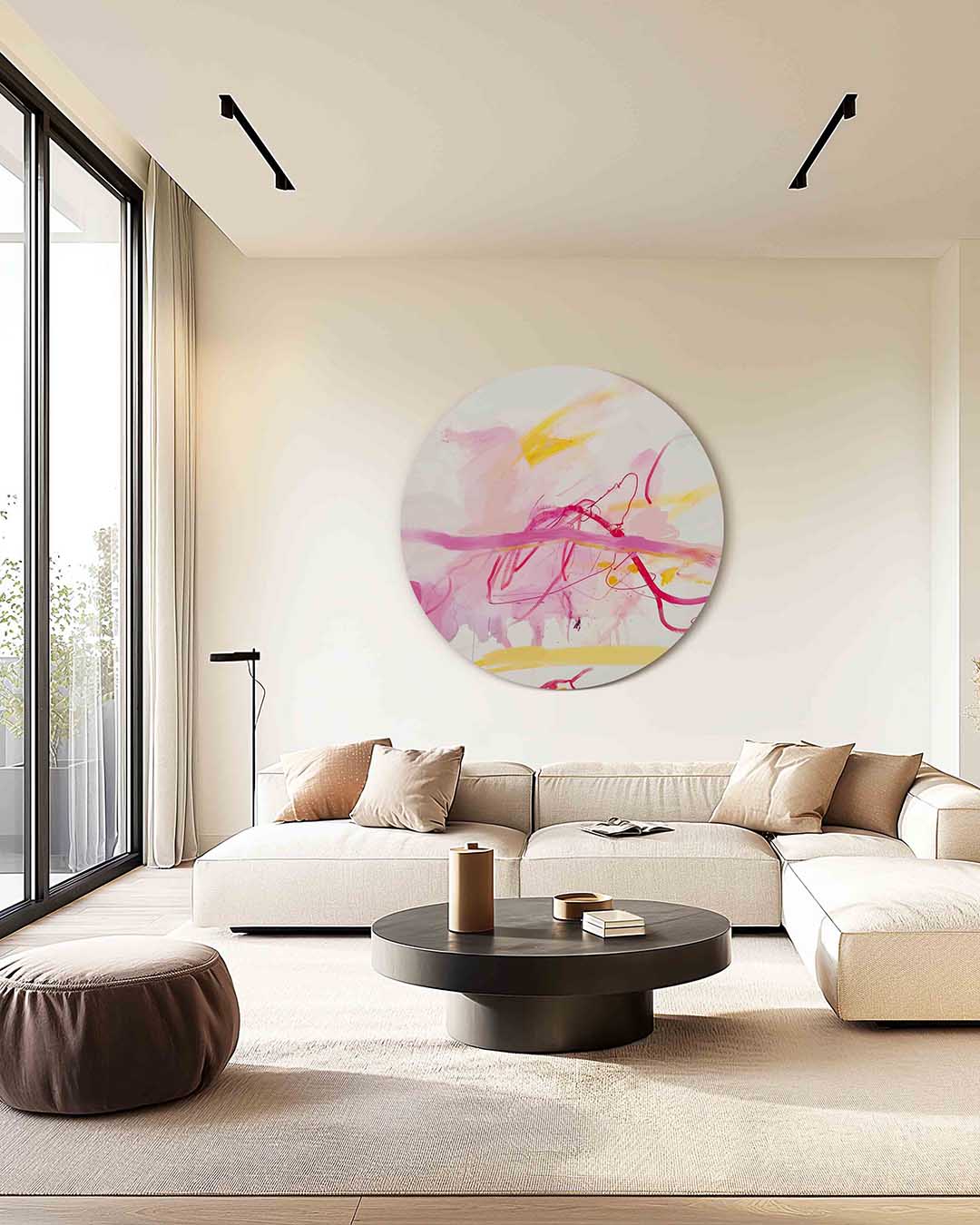 Abstracte roze en gele – kleurrijke muurcirkel als ronde wanddecoratie