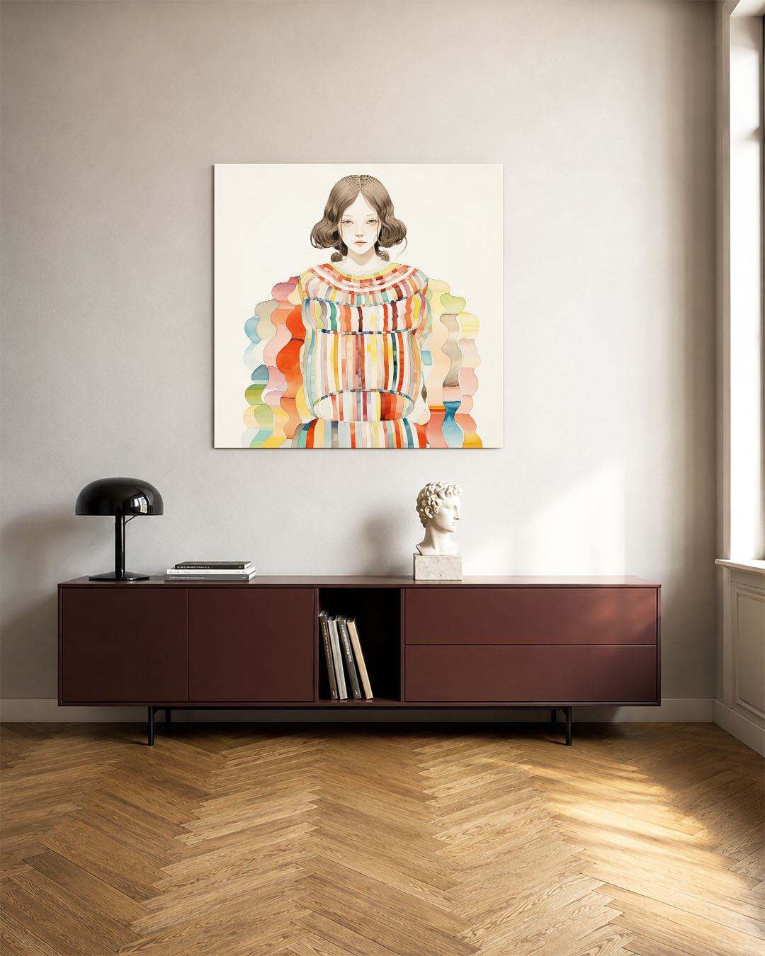 Kleurrijke golvende vormen kunstwerk – tweede productweergave – dit werk toont een vrouw met een jurk van golvende