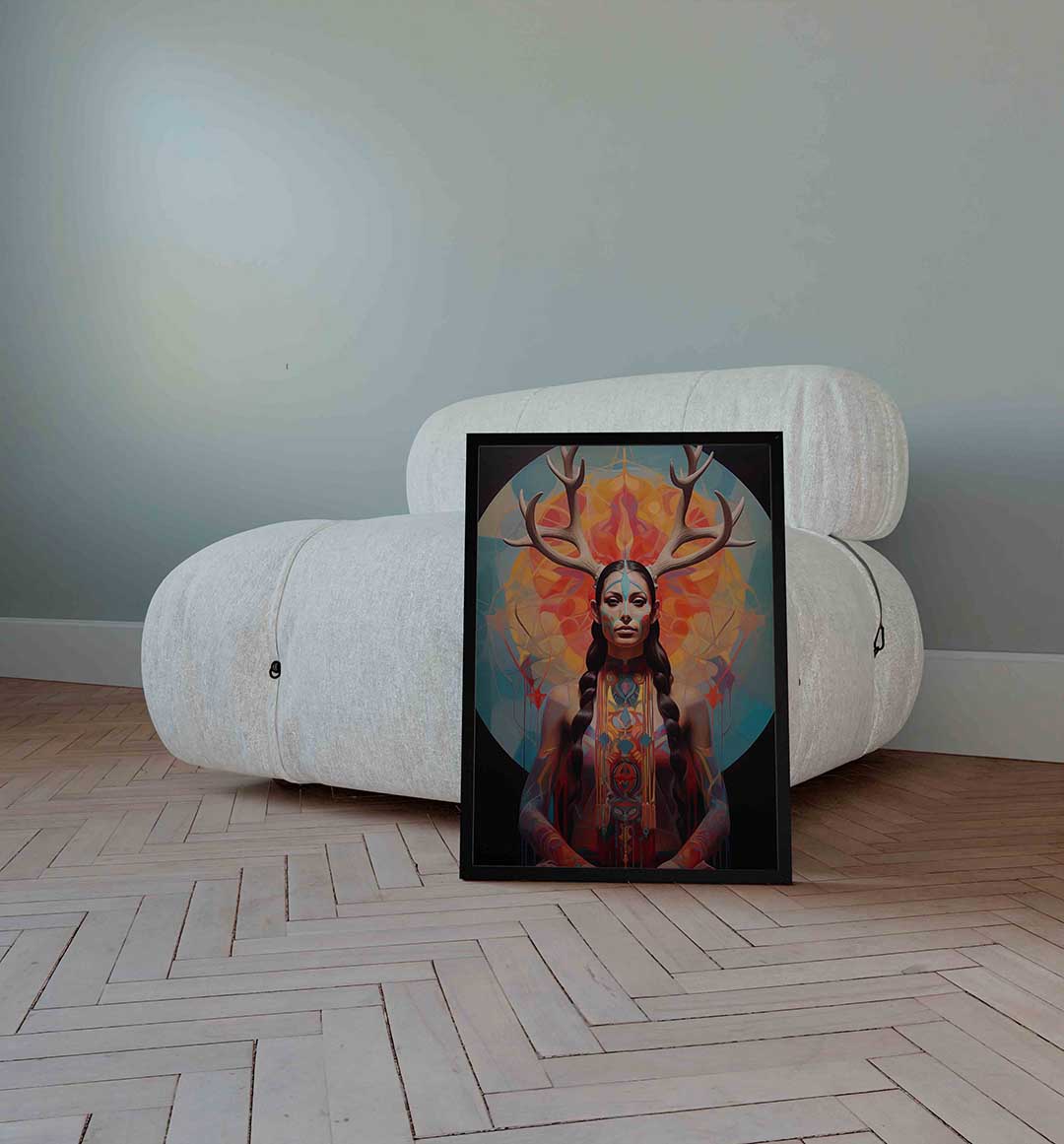 Vrouw met gewei en kleurrijke achtergrond – surrealistische wandkunst als portret poster