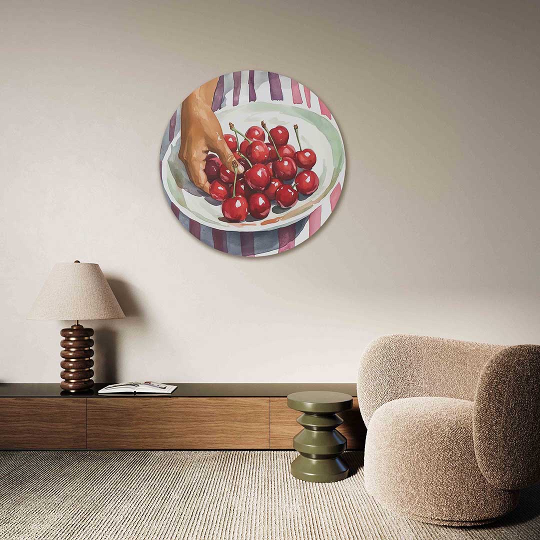 Kersen op schaal – abstracte muurcirkel als ronde wanddecoratie