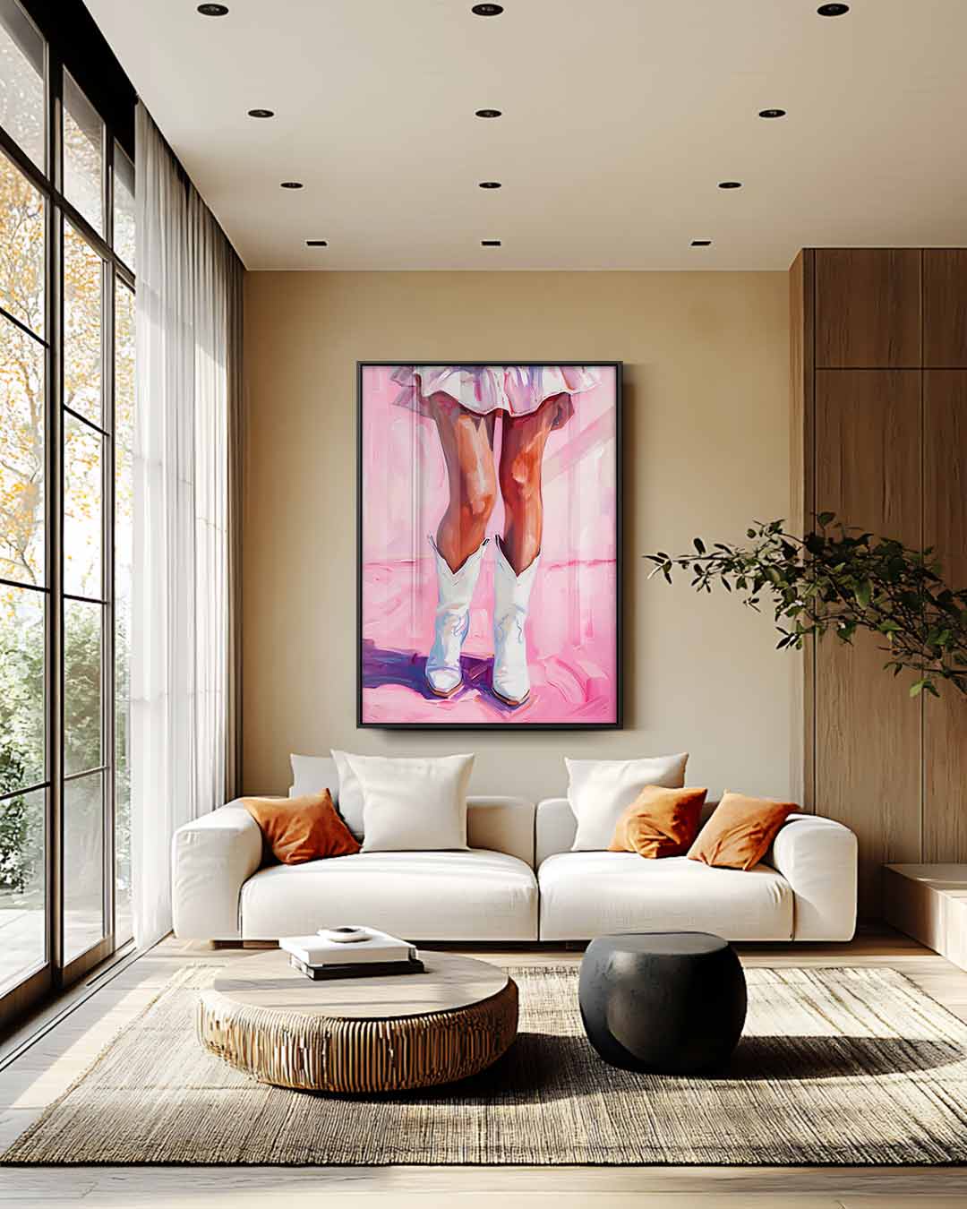 Dansende Laarzen op Roze – plexiglas wanddecoratie in portret formaat