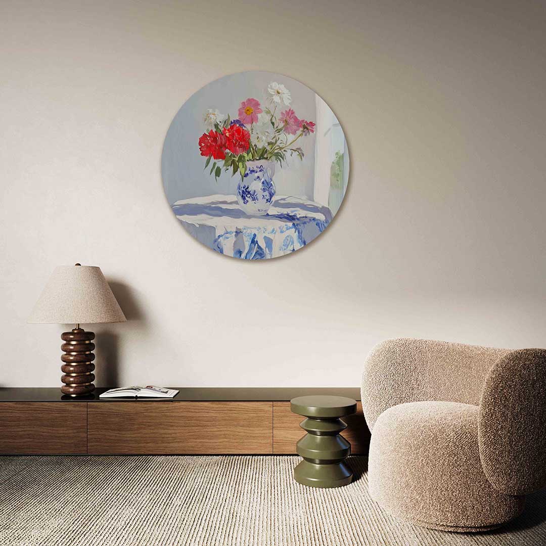 Bloemen in vaas – abstracte muurcirkel als ronde wanddecoratie