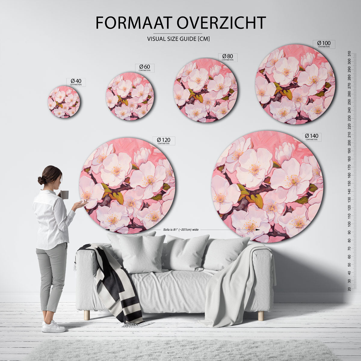 Bloesem op roze – kleurrijke wandkunst als muurcirkel