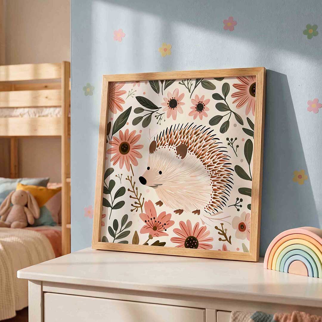 Egel en bloemen – speelse wandkunst als vierkante kinderposter