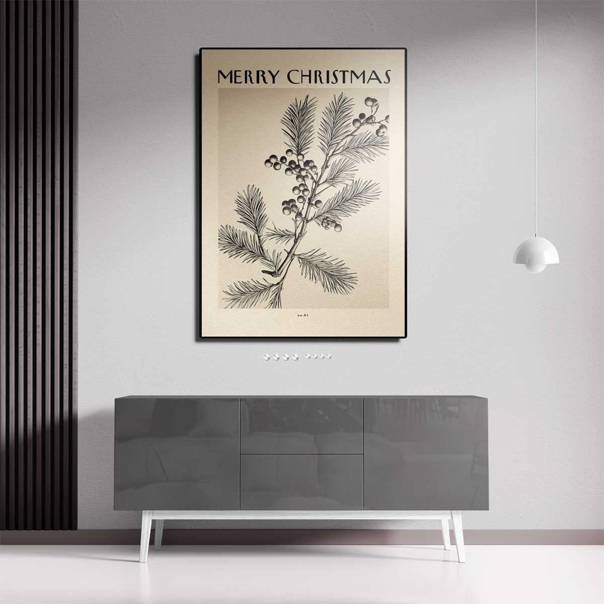 Vintage Kerstkaart met Dennen en Bessen – staand kunstwerk voor modern interieur
