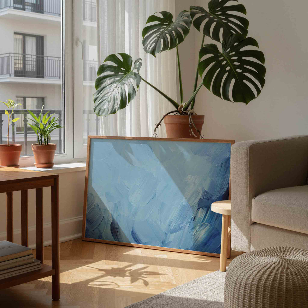 Blauwe penseelstreken – schilderkunst als moderne landscape poster