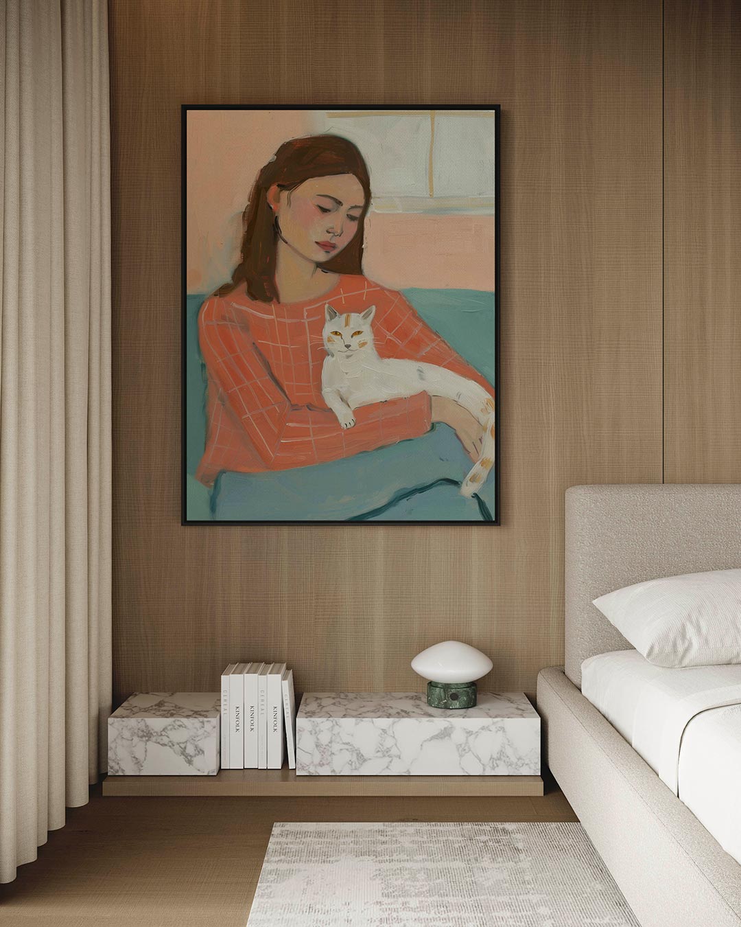 Vrouw met kat – kunstwerk op canvas, dibond of plexiglas