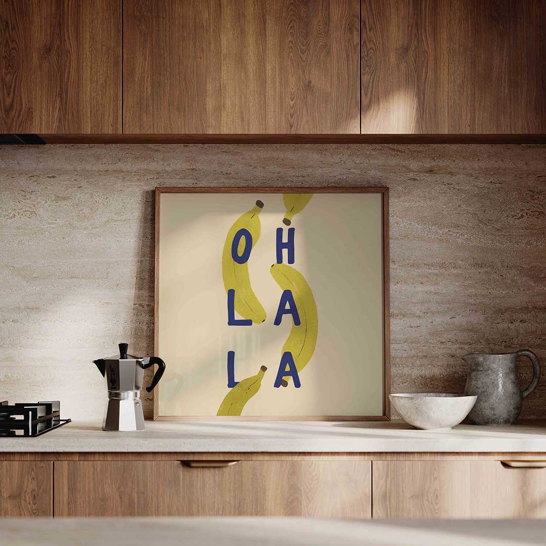 Bananen en letters – culinaire wandkunst als vierkante poster